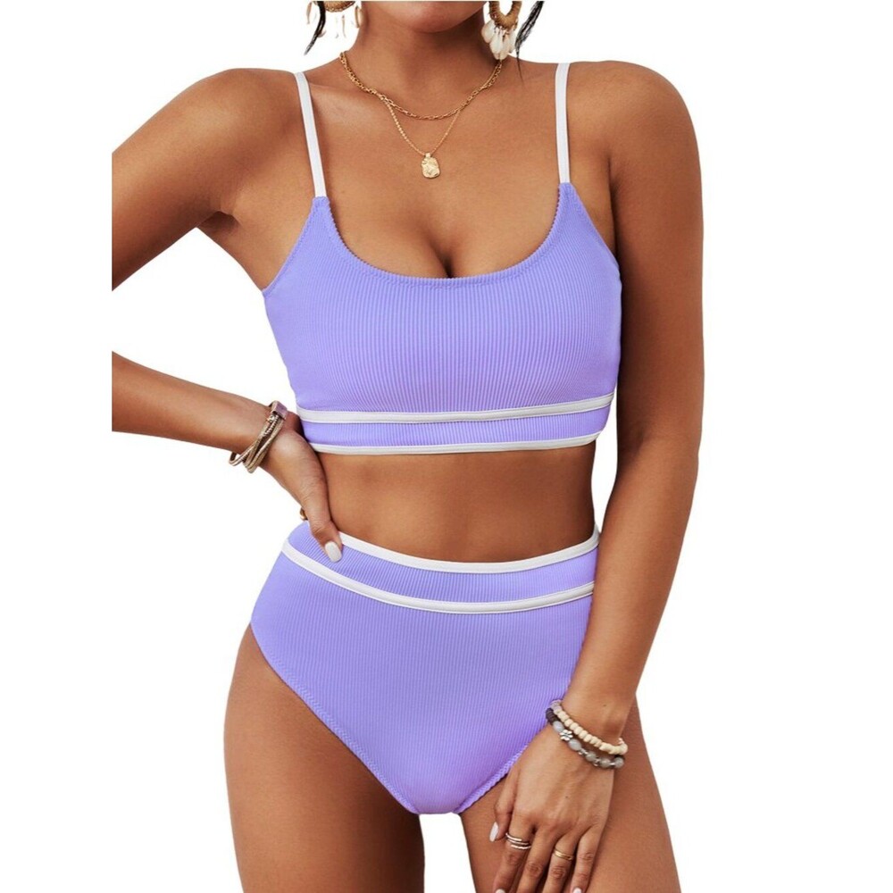 Women's High Waisted Bikini Ribbed Two Piece Swimsuit High Cut Color Block L